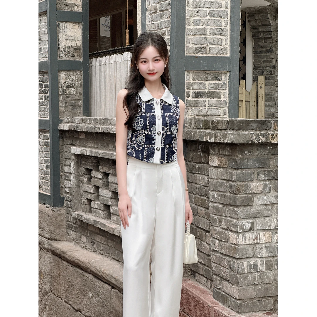 【弗拉明戈】小娜椒小个子洋气复古绣花亮片马甲休闲裤时尚套装女