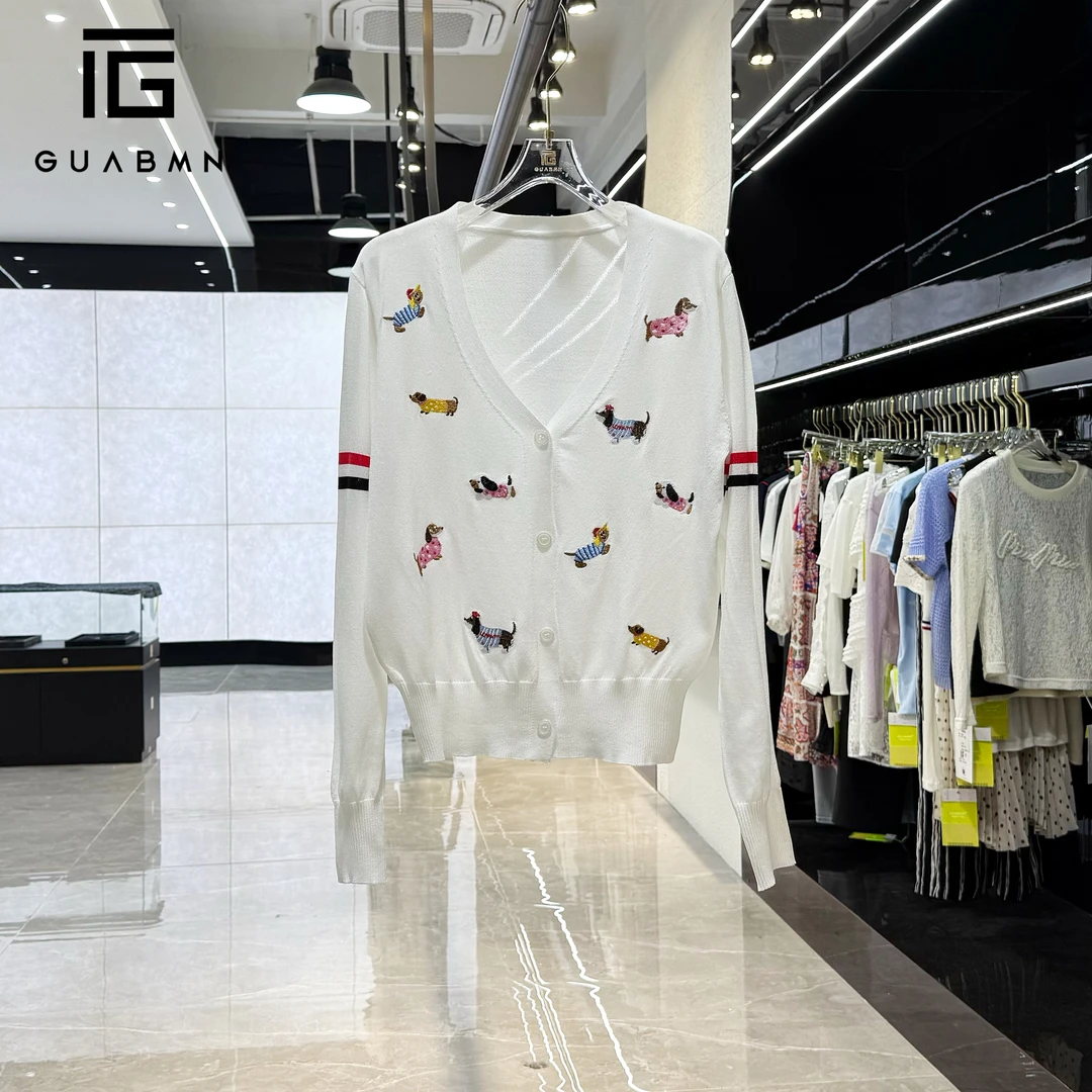 GUABMN2025夏季新款防晒长袖彩杠超薄小狗v领针织衫夏日穿搭5202