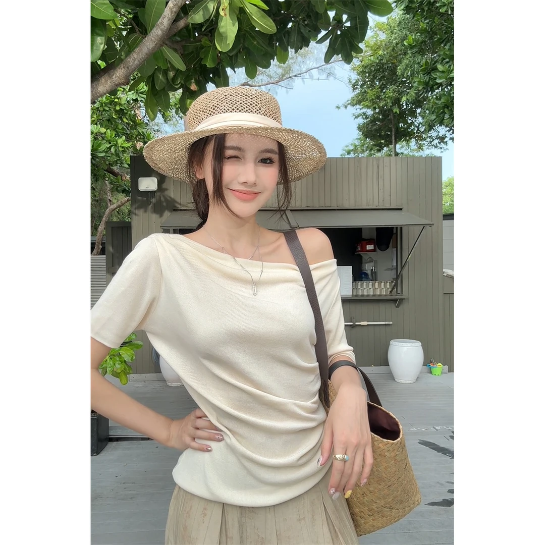 轻奢夏季两穿捏褶斜肩针织短袖T恤上衣女+阔腿长裤两件套装网红款