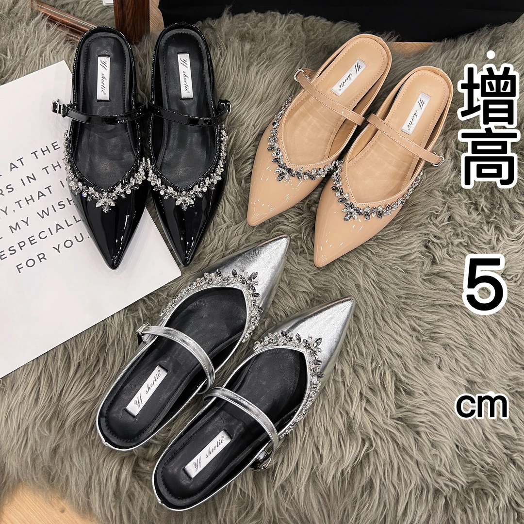 内增高5cm水钻尖头平底半拖鞋外穿2025新款休闲一字带包头凉拖女