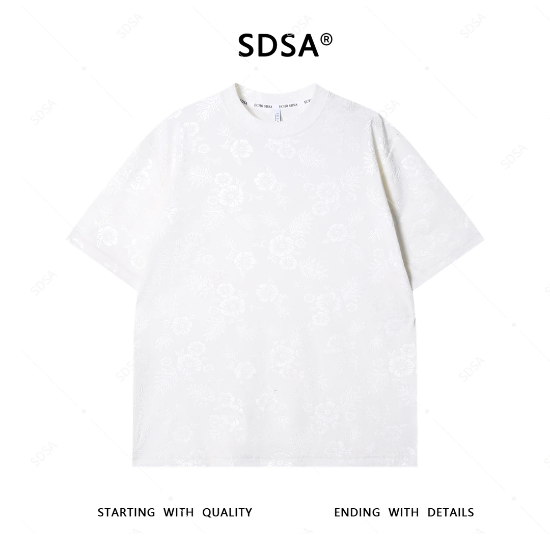 夏季高级感新款男士时尚轻奢花卉暗纹提花短袖T恤百搭圆领上衣