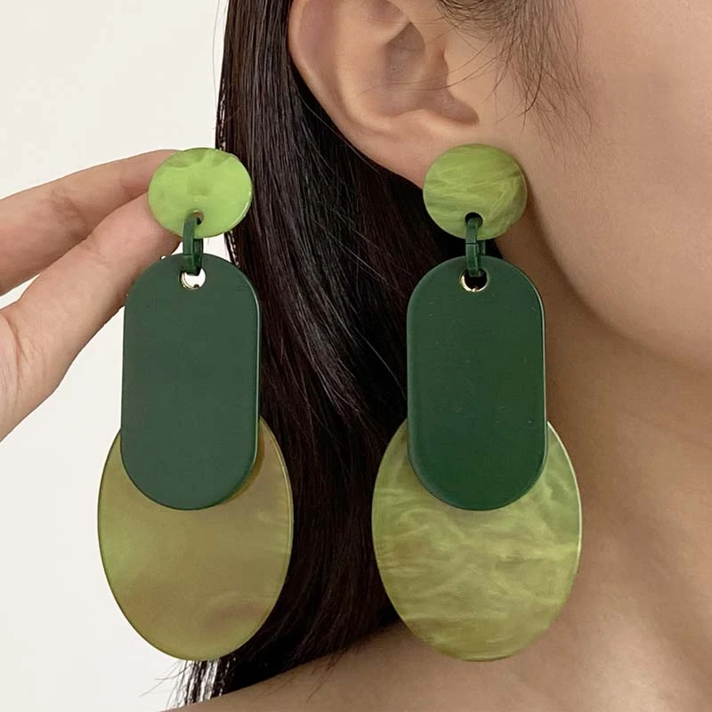 合金合成锆石耳饰 绿色港风长款耳环复古女设计感欧美百搭简约