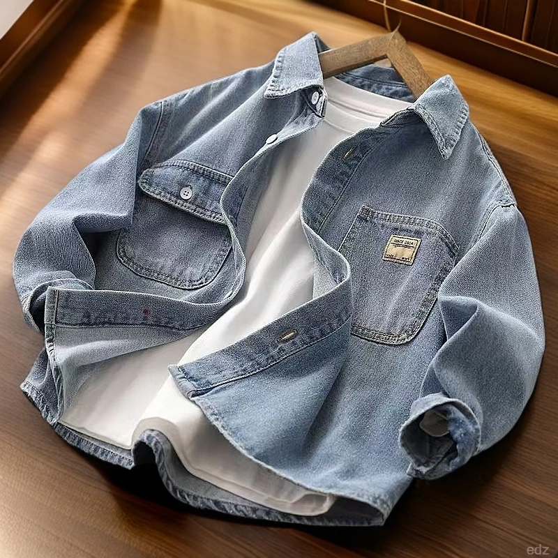 春秋季男童长袖衬衣中大童新款男孩牛仔衬衫外套服饰童装上衣外穿