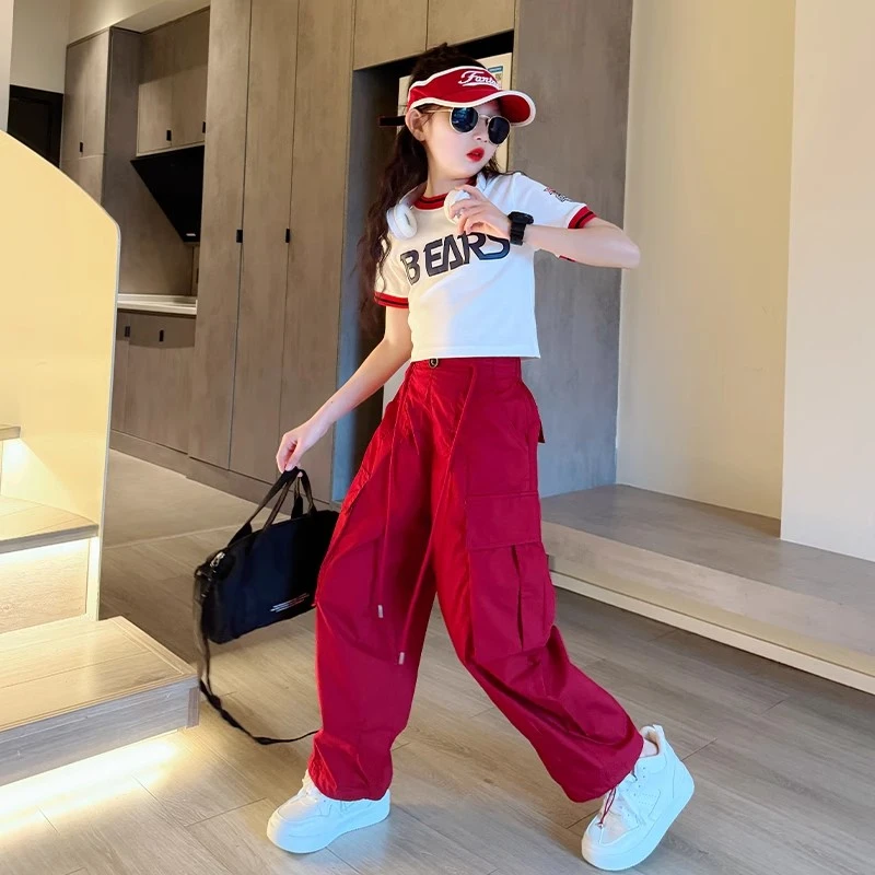 女童裤子夏季2025新款儿童潮酷穿搭工装裤女孩短袖大童夏装阔腿裤