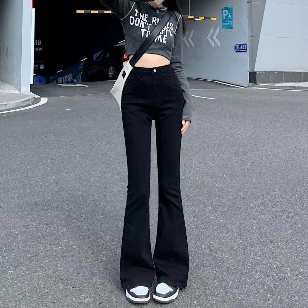 黑色高腰弹力修身显瘦长裤牛仔喇叭拖地春秋高个子薄款性感牛仔裤