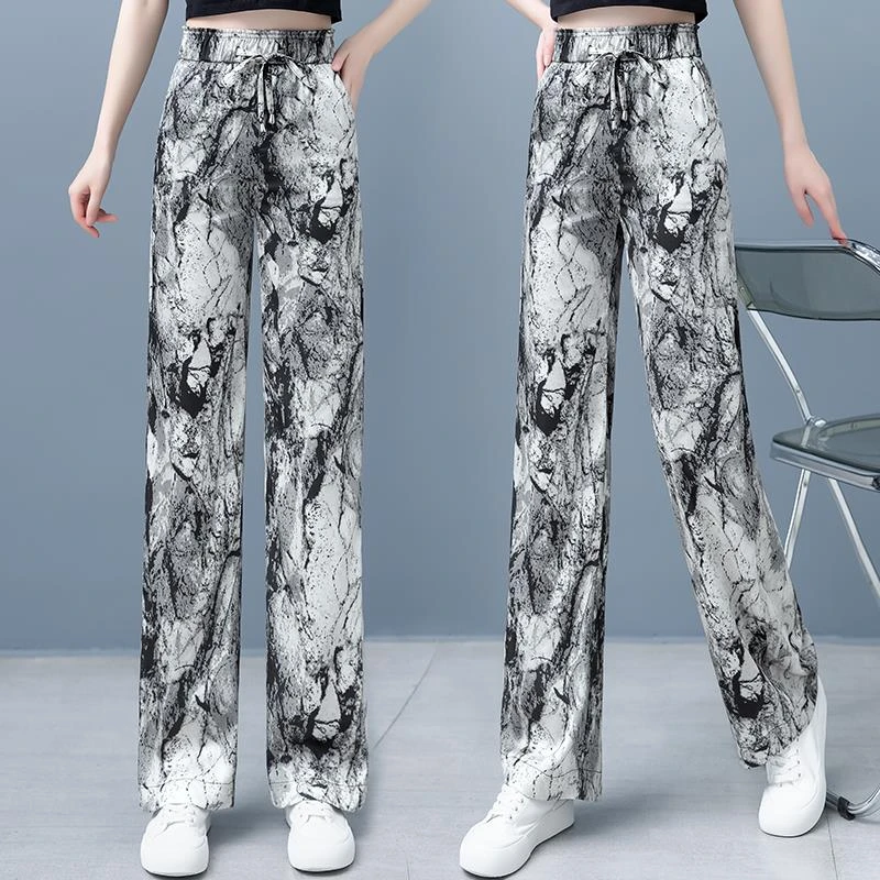AMAS商城同款水墨画扎染裤子女夏季薄款休闲裤高腰垂坠感直筒裤