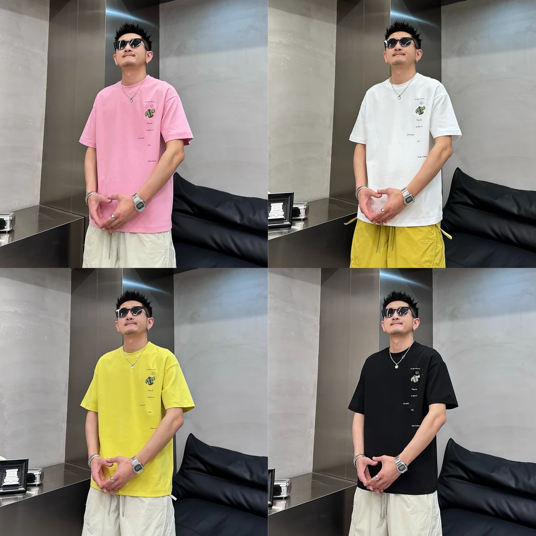 时尚潮流休闲百搭撞色刺绣字母印花情侣同款圆领落肩夏季短袖T恤