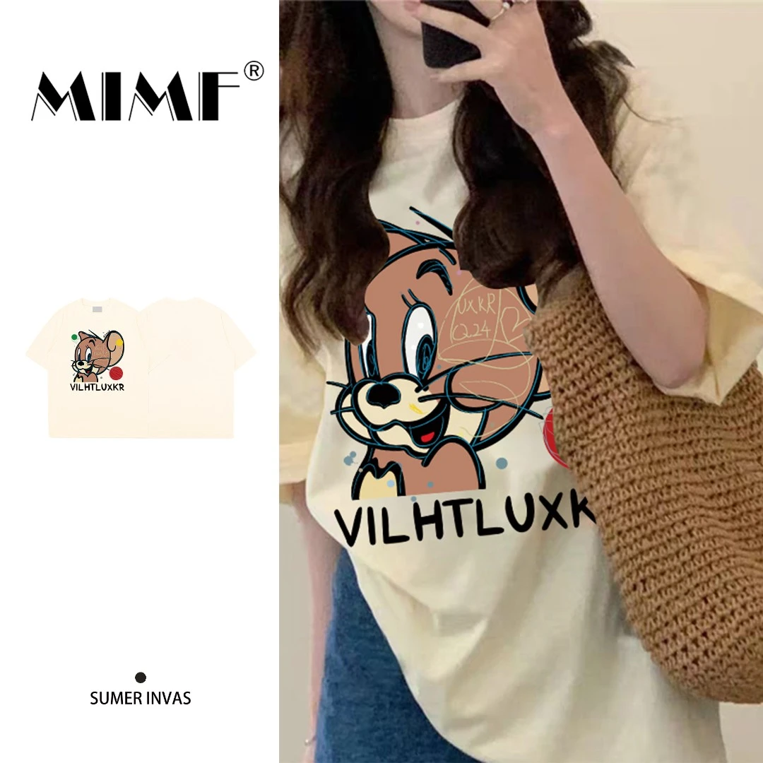 mnmf重磅纯棉短袖宽松中长款t恤女遮屁股时尚大码女装印花上衣ins