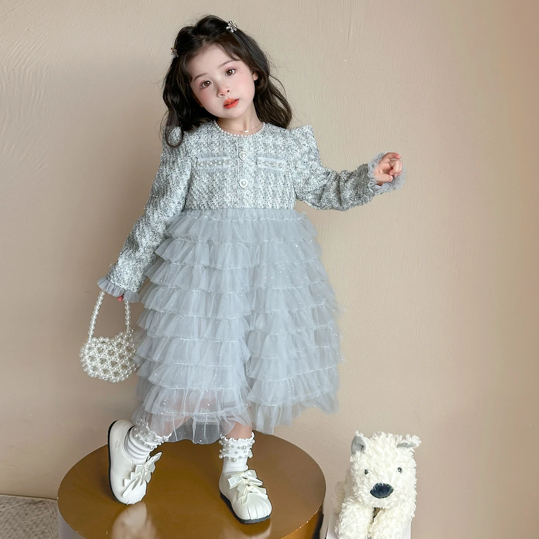 儿童洋气珍珠领网纱连衣裙2025新款女童秋装女宝宝小香风公主裙潮