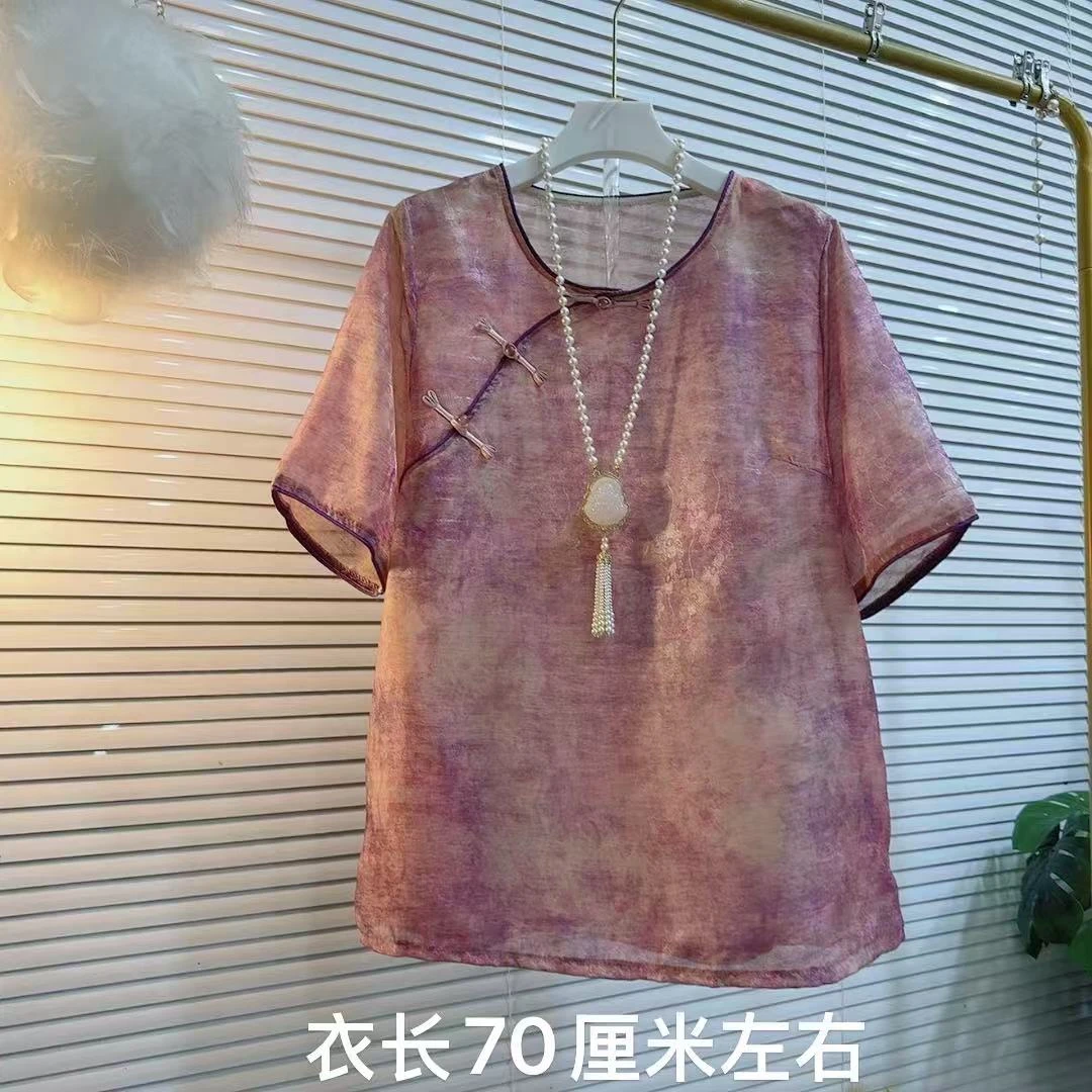 夏季大码圆领斜襟鎏金上衣中国风遮肉时尚女装