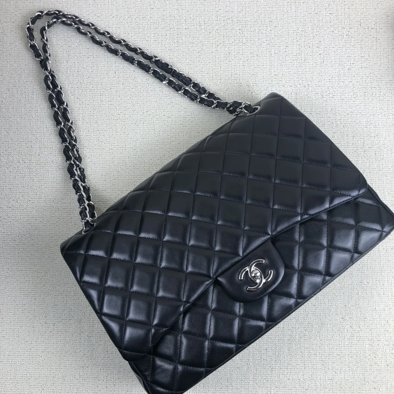 95新 Chanel/香奈儿 黑银cf maxi单盖链条单肩包底长32 14开