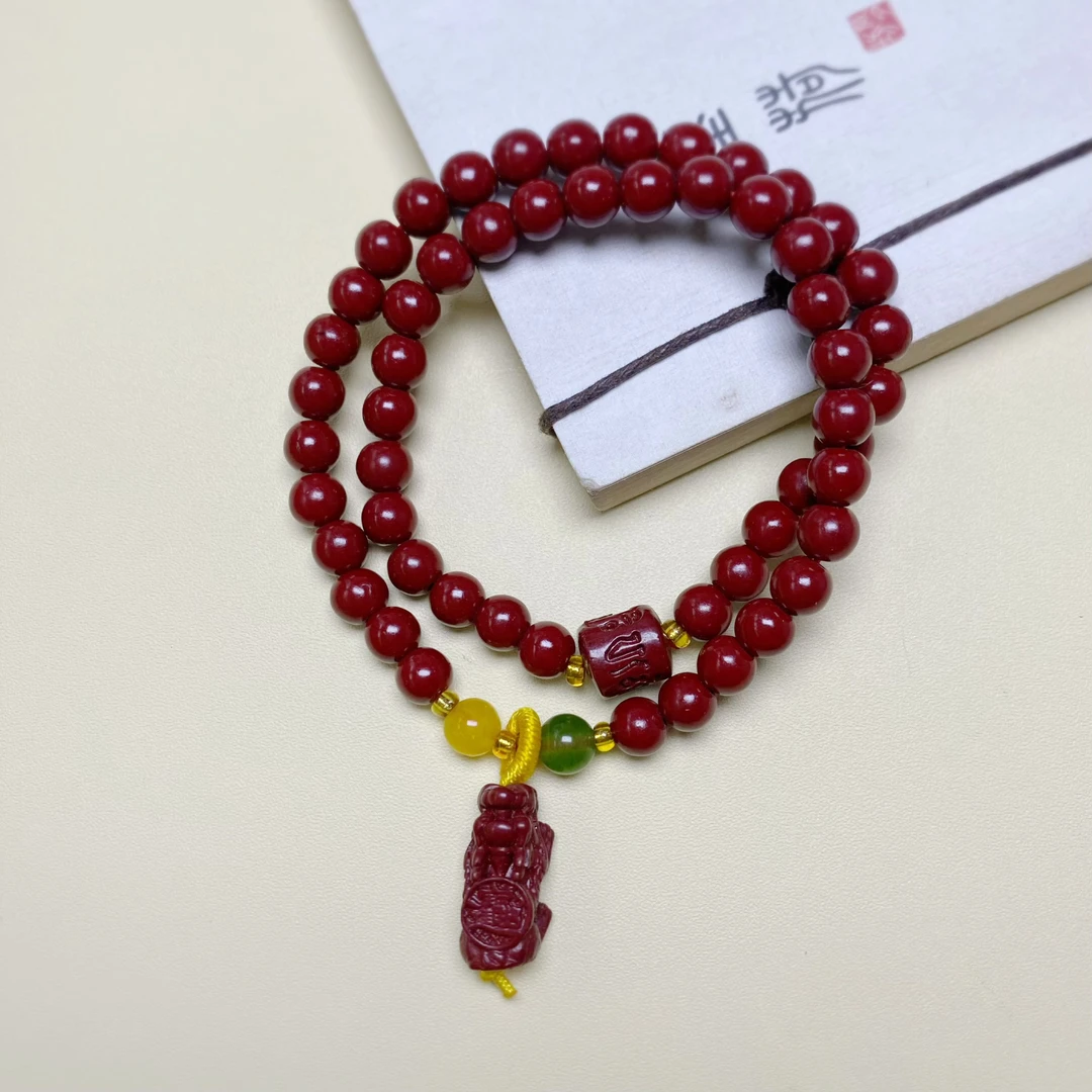 天然辰砂A388纯天然朱砂貔貅双圈手链招财聚宝盆设计款本命年手串