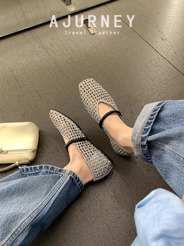 羊皮~镂空透气单鞋女2025夏季新款编织网面平底一字带玛丽珍凉鞋