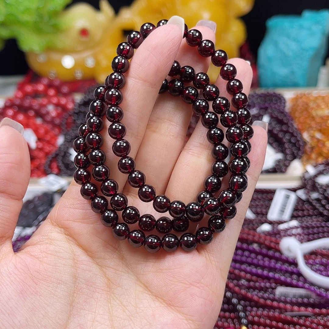 石榴石手链未镶嵌酒红色石榴石三圈6mm+多样式发一