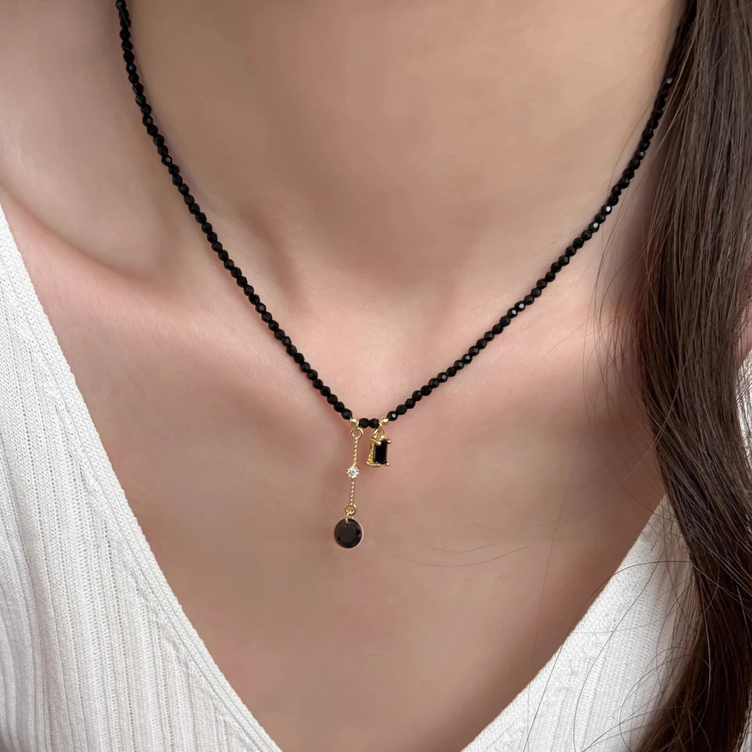 铜合金仿水晶项链 【浠儿家】简约时尚气质黑水晶项链锁骨链
