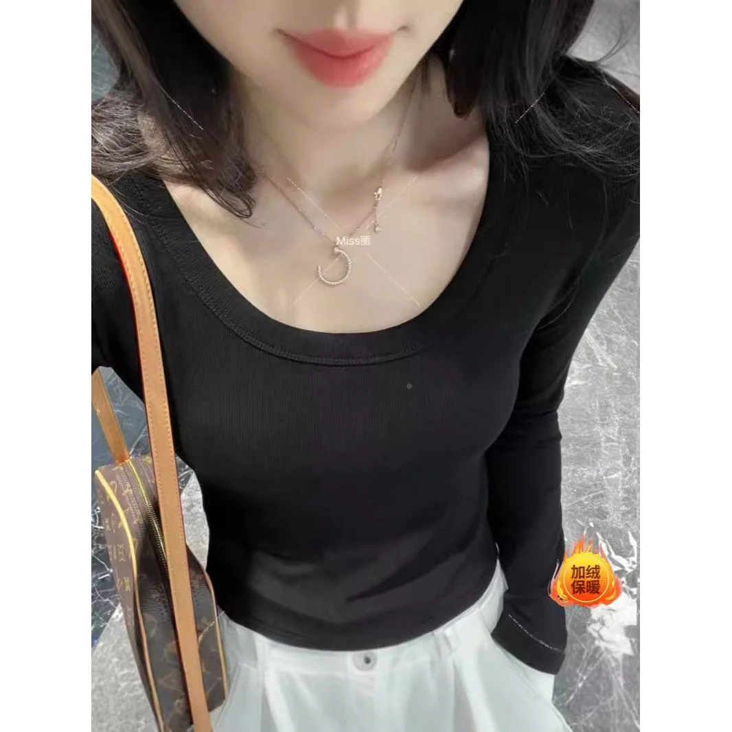 磨毛加绒加厚打底衫女修身长袖t恤内搭秋冬新款U领显瘦保暖上衣