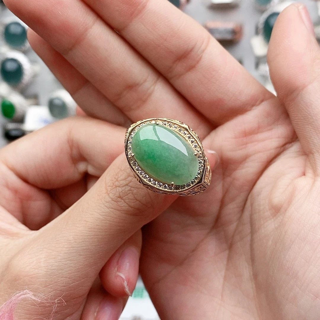 翡翠戒指银S925镶嵌天然翡翠活口戒指