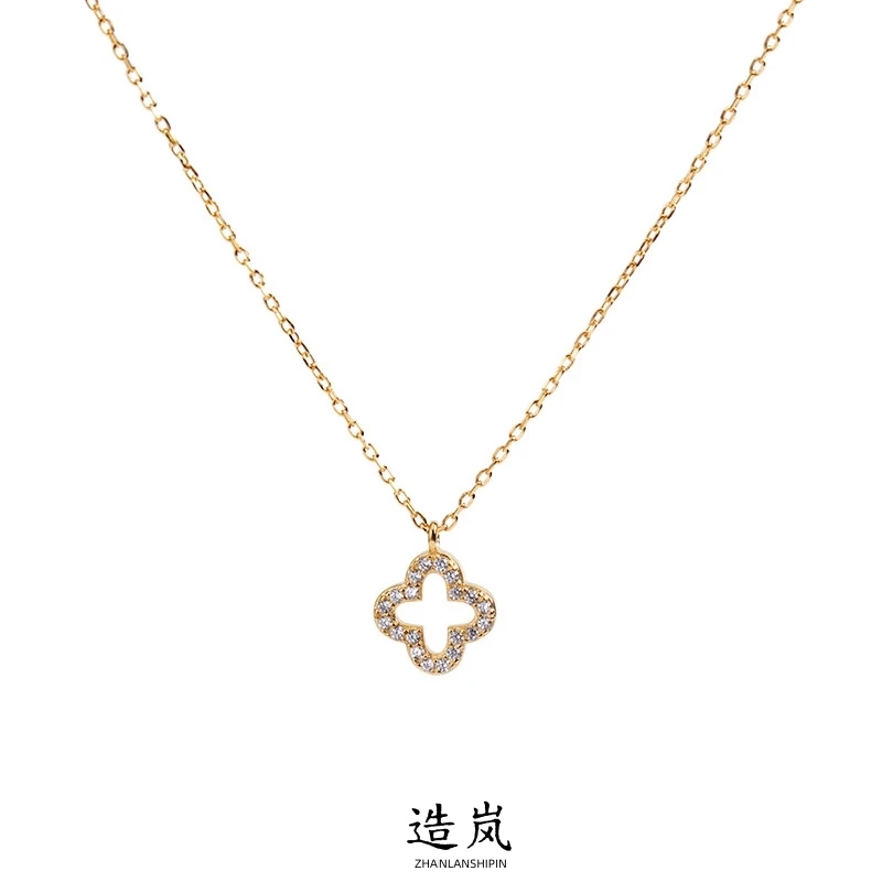 铜合金项链 镂空四叶花项链女吊坠韩版百搭气质ins简约锁骨链轻奢