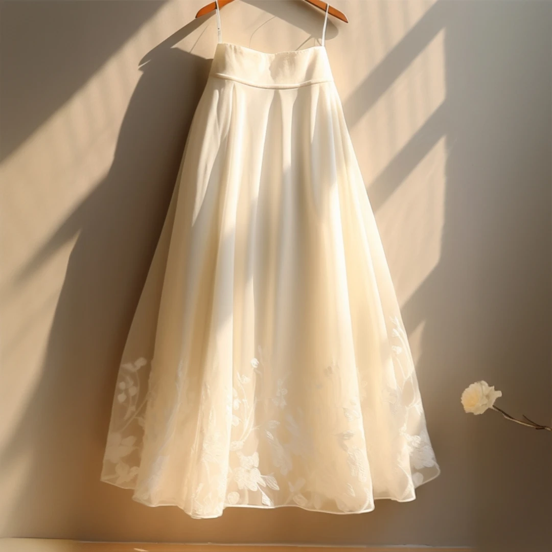 夏季女小个子高腰显瘦垂感a字伞裙清冷白色系蕾丝印花网纱半身裙