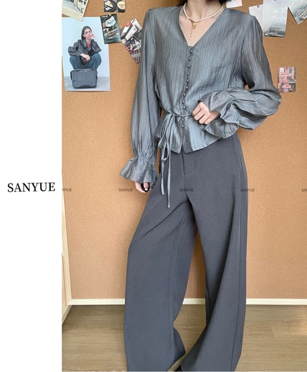 SANYUE【清no退】V领宽松排扣收腰显瘦衬衫长袖