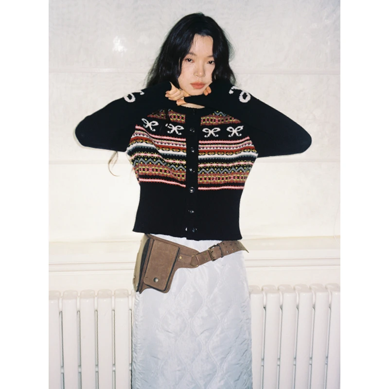 素舶澳洲美利奴羊毛蝴蝶结撞色费尔岛条纹短款针织开衫SUPERSCAPE