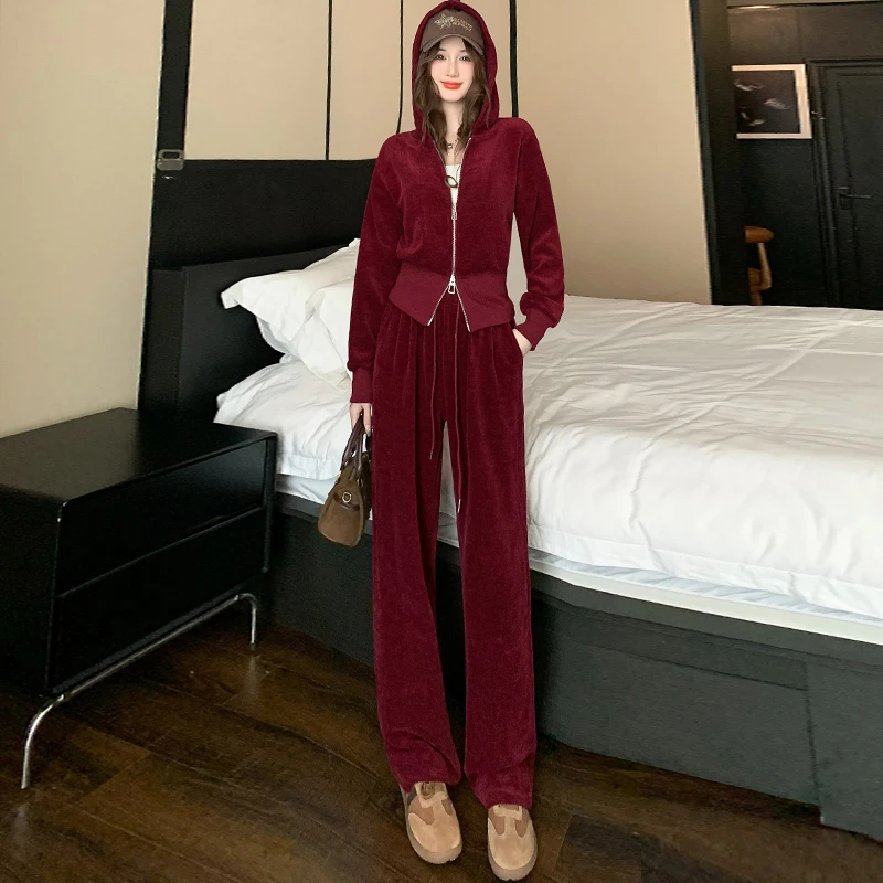 高级感休闲时尚运动套装女春2025红色灯芯绒外套卫衣直筒裤两件套
