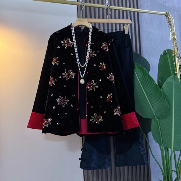 中国风秋季新款大码女装时尚复古民族风丝绒亮片绣花外套新中式