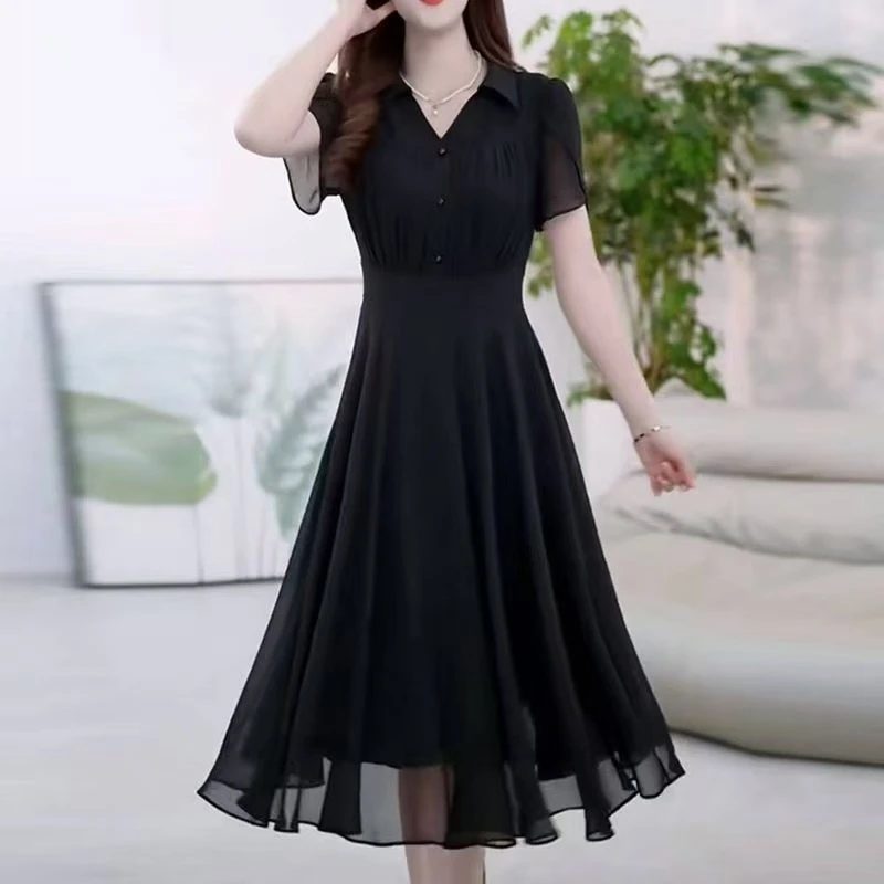 5451#高档连衣裙女2025夏季超轻薄遮肉显瘦黑色A字裙妈妈中长裙