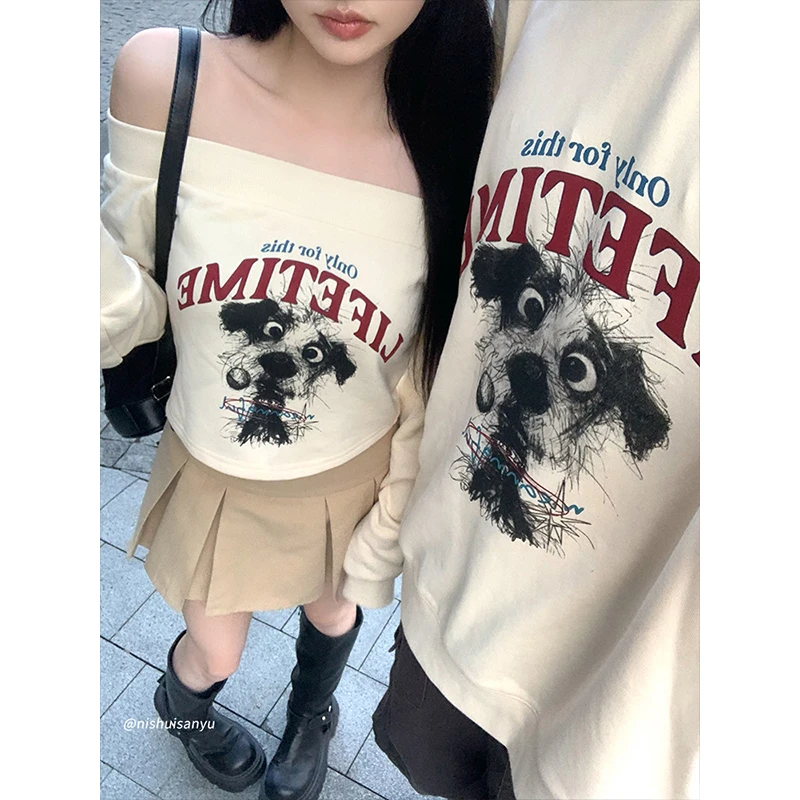 溺水三鱼【潮宠印记】秋季一字肩长袖萌犬露肩卫衣新款情侣宽松卫衣