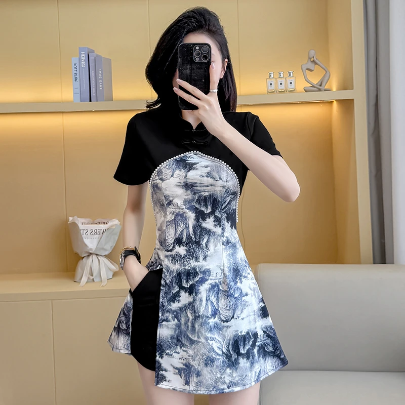 5079弹力夏季中式改良旗袍裙套装拼接小黑裙短裤两件套慵懒显瘦