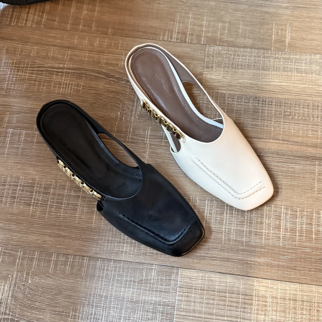 【爱玛半拖】|34-40|3cm|春夏季粗跟真皮包头凉拖鞋女百搭法式女鞋