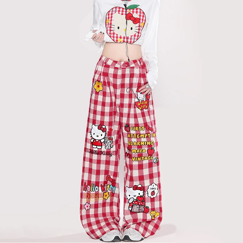 美式趣味卡通刺绣格子休闲裤女2025秋季新款设计感高腰宽松阔腿裤