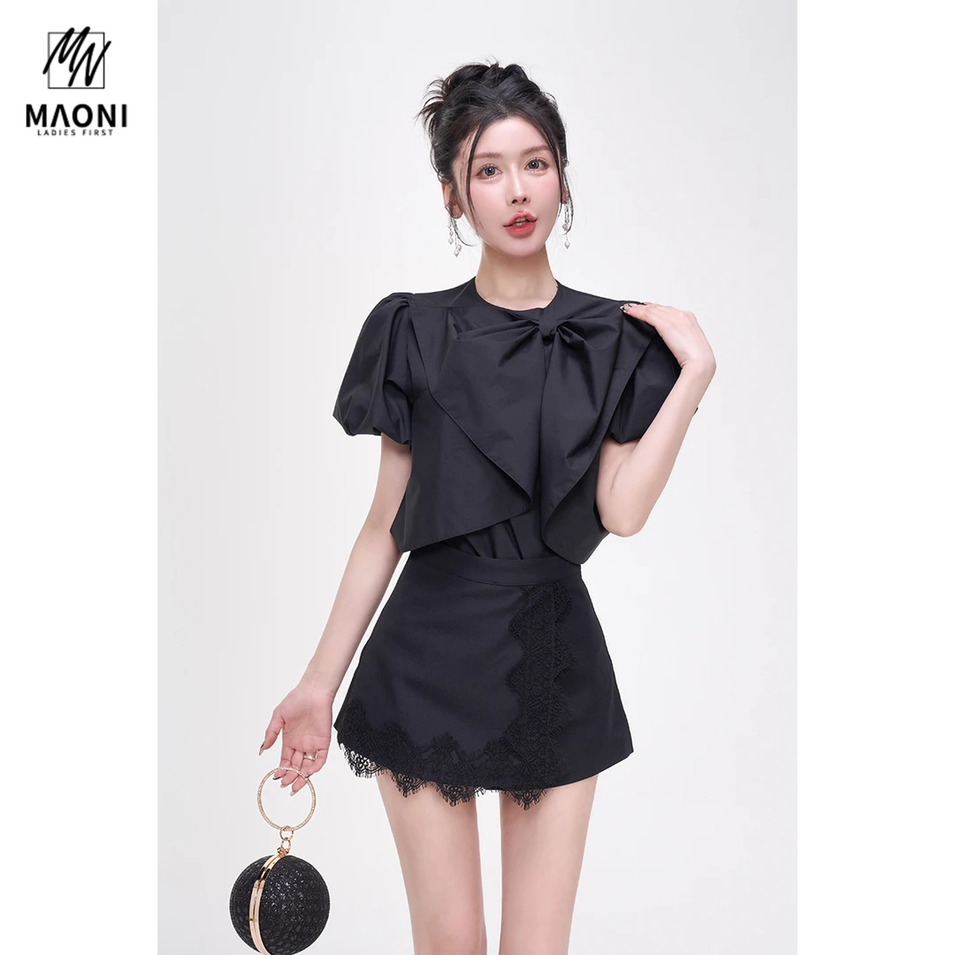 毛妮Peshe【蝴蝶结泡泡袖上衣】设计感减龄小众短袖T恤圆领 L1511