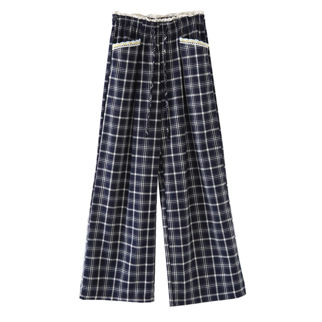 店铺热销~格纹花边设计感休闲裤女春2025新款韩系高腰显瘦百搭裤