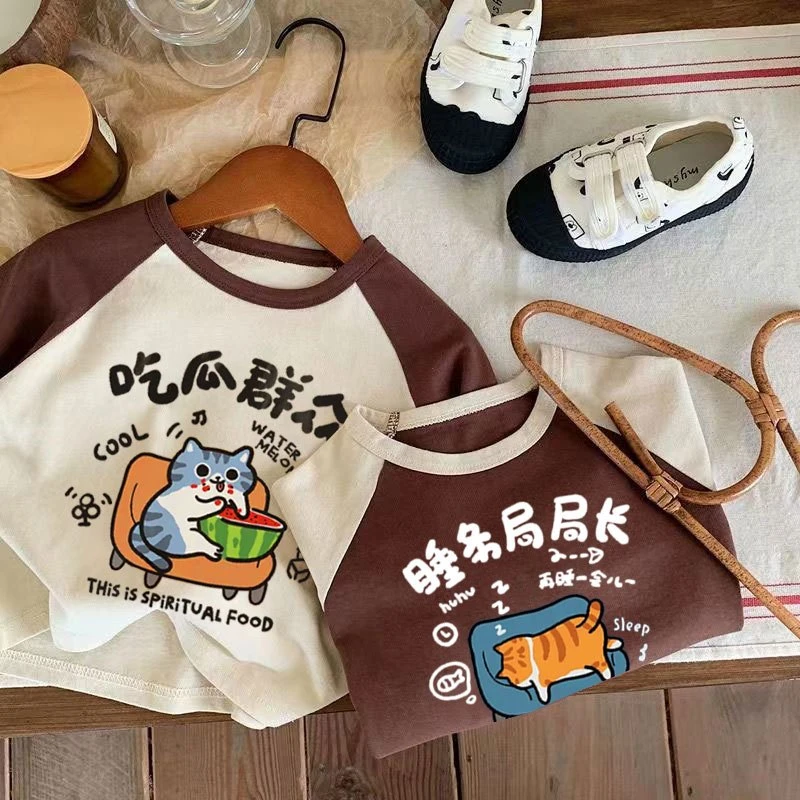 女童宝宝秋季t恤软糯德绒长袖打底衫韩版男童拼色插肩印花上衣潮