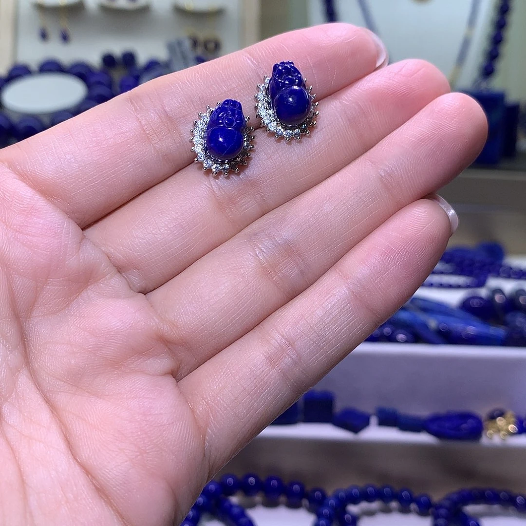 青金石合金天然原矿耳钉