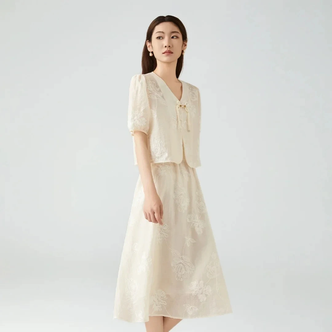 D750新中式国风绣花连衣裙套装2025春夏季两件套网红百搭女款套装