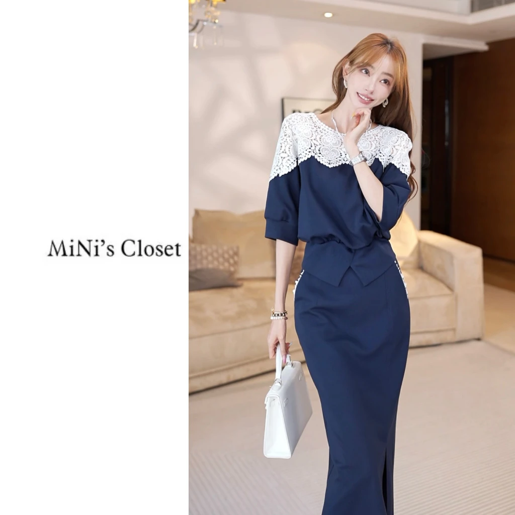 【MiNi推荐】韩版设计师款蕾丝撞色拼接休闲时尚气质套装女JE2169