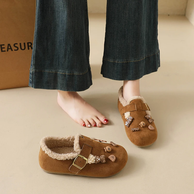 女鞋加绒勃肯鞋2025新款冬季一脚蹬豆豆鞋孕妇保暖棉鞋雪地靴34码