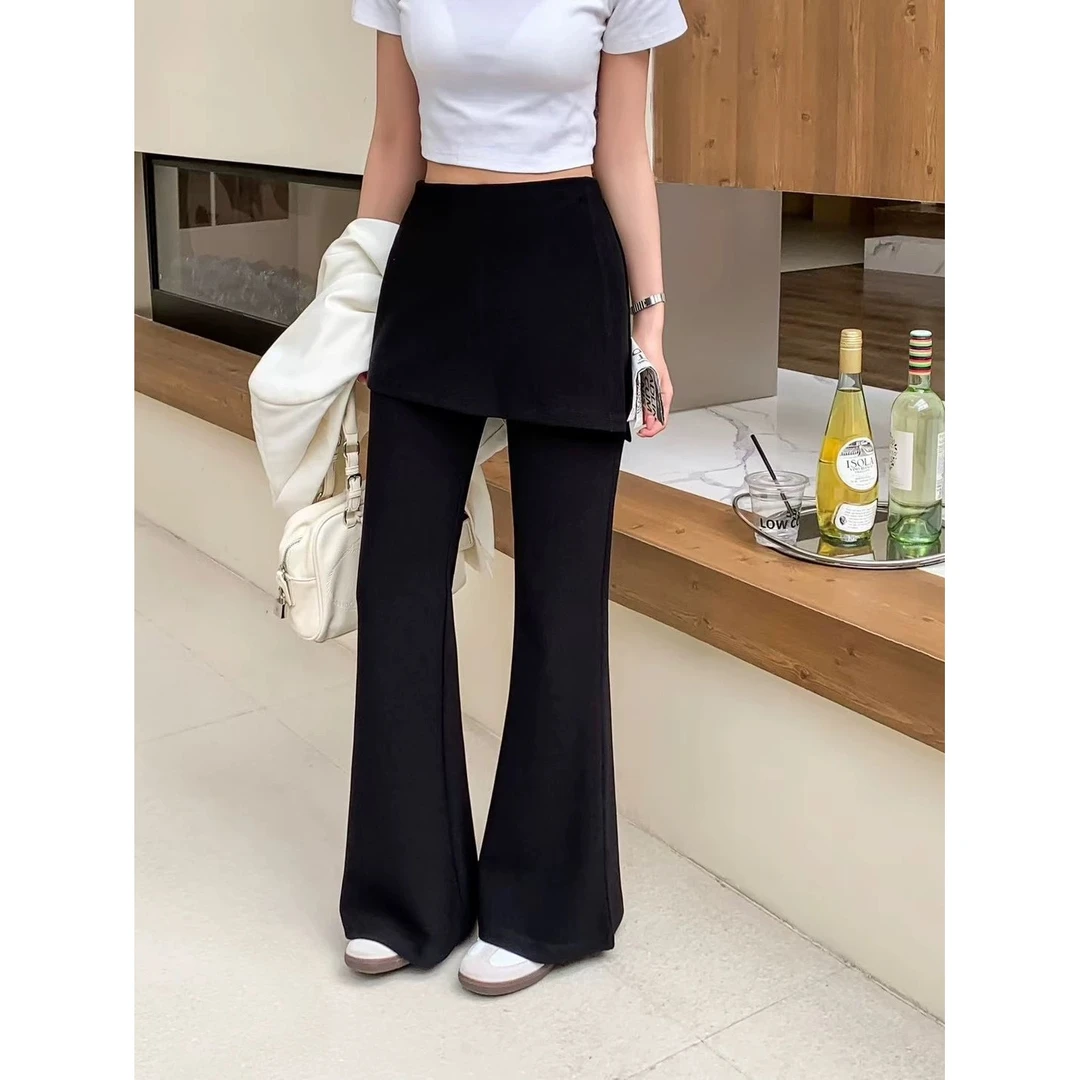 大码韩系假俩件屁帘微喇裤女秋冬加绒加厚梨形身材显瘦百搭休闲裤