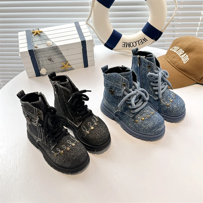 女童复古牛仔靴2025秋冬新款儿童擦色马丁靴防滑软底小女孩机车靴