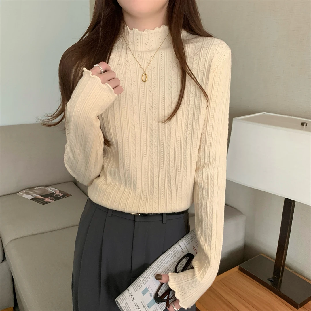 十二针半高领木耳边长袖针织衫女秋冬修身软糯坑条内搭毛衣打底衫