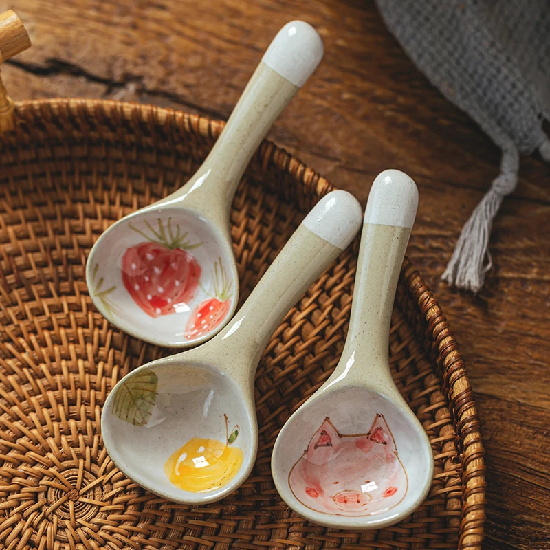 景德镇手工粗陶餐具釉下彩手绘小勺汤勺饭勺调羹儿童可爱陶瓷勺子