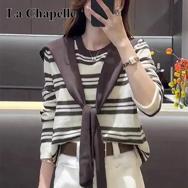 拉夏贝尔早秋新款披肩两件套条纹针织衫女设计感宽松百搭长袖上衣