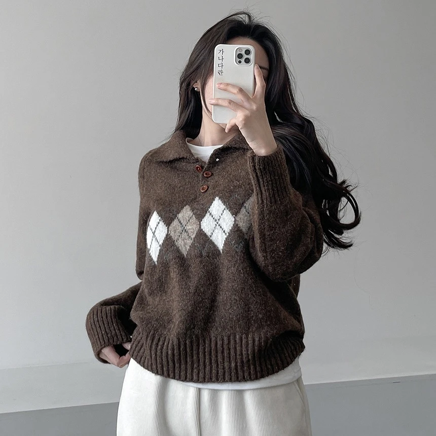 半开领针织毛衣韩版菱格毛衣polo领半开衫纽扣慵懒秋冬宽松毛衣