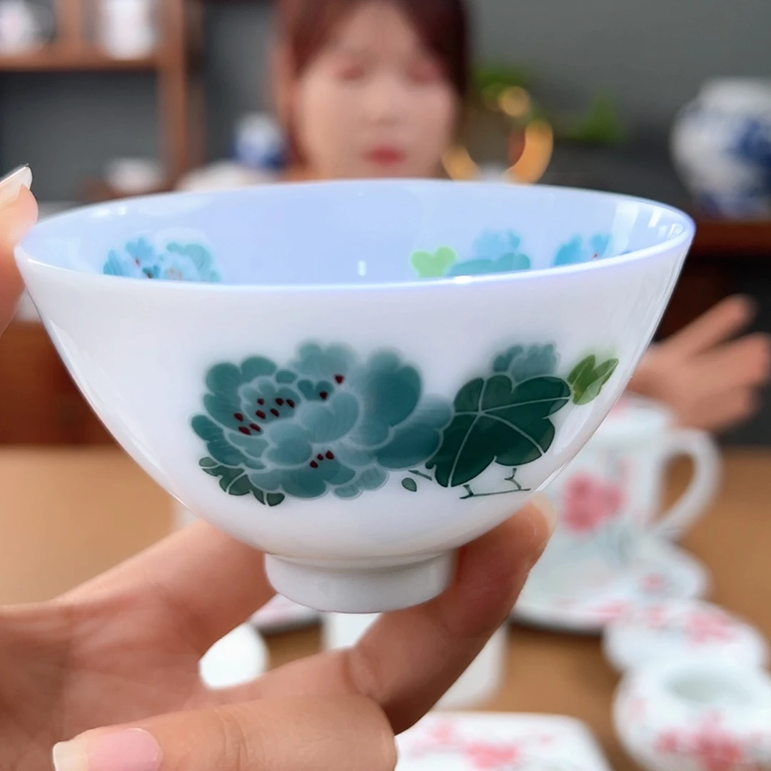 柴窑绿芙蓉对花鸡心杯，微瑕