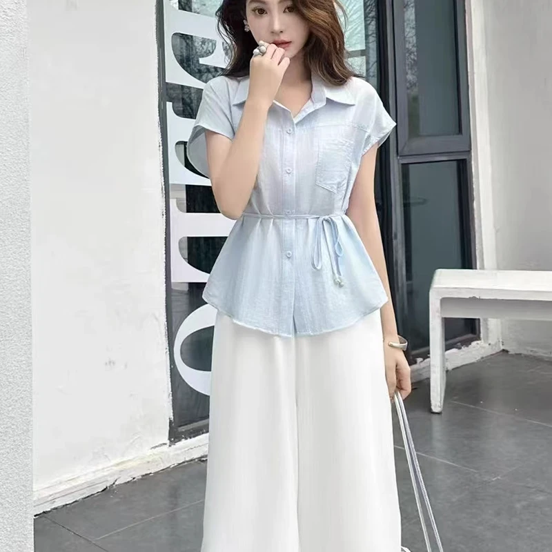 拉夏贝尔时尚气质套装女2025夏季新款百搭衬衫收腰显瘦洋气两件套