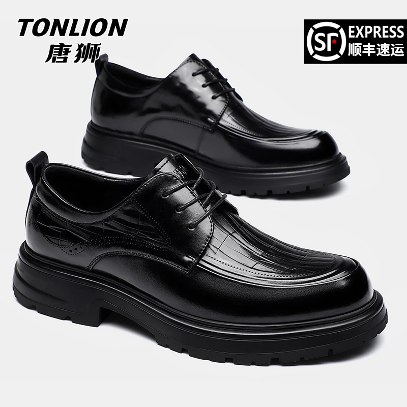 唐狮男鞋2025新款冬季加绒商务正装英伦风厚底德比皮鞋结婚鞋8123