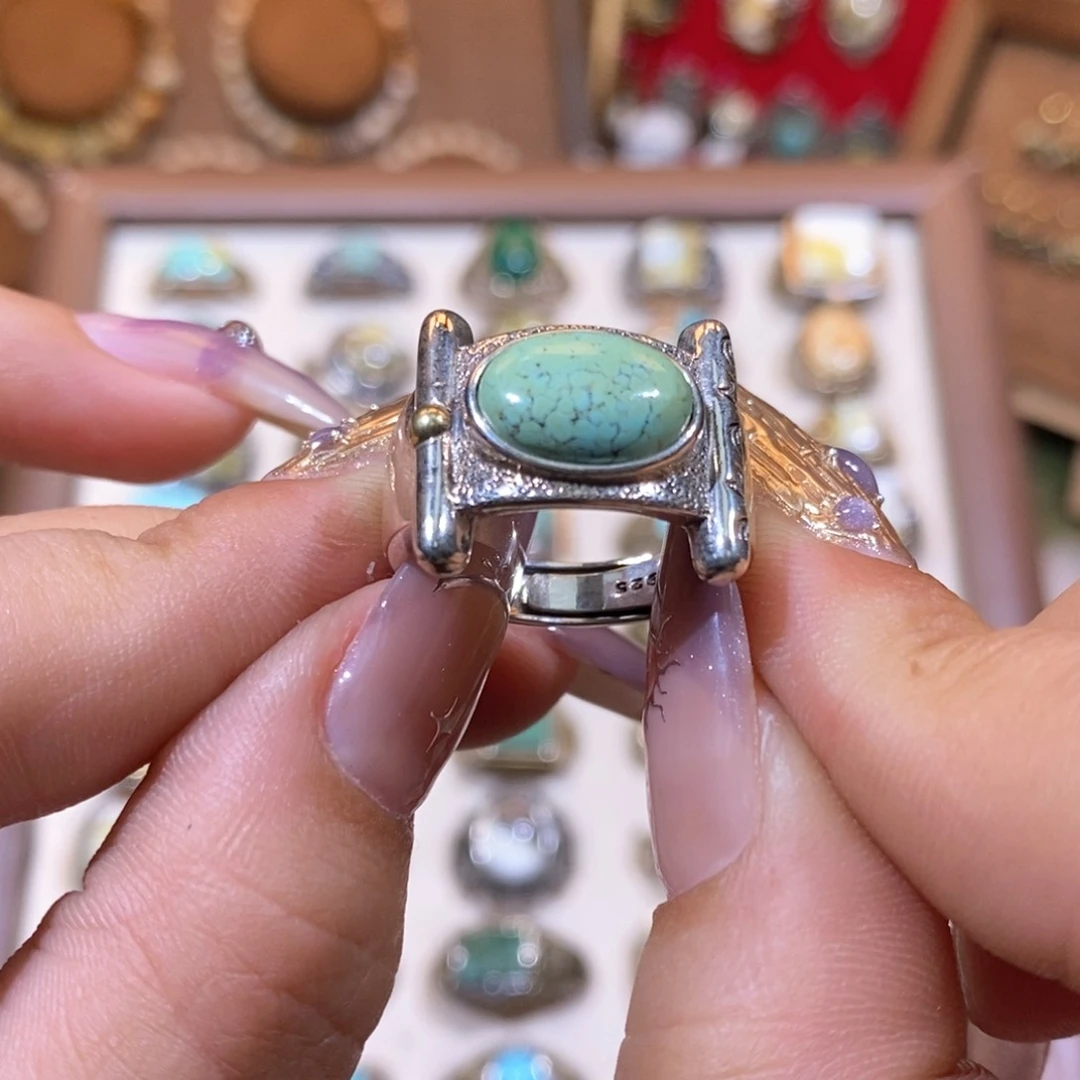 绿松石戒指银S925镶嵌桃***水戒指