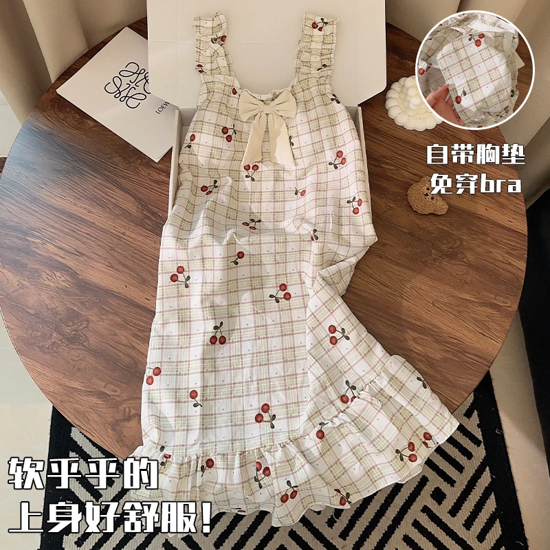 睡裙夏季女款吊带胸垫甜美格子樱桃可外穿宽松小个子睡衣家居服薄